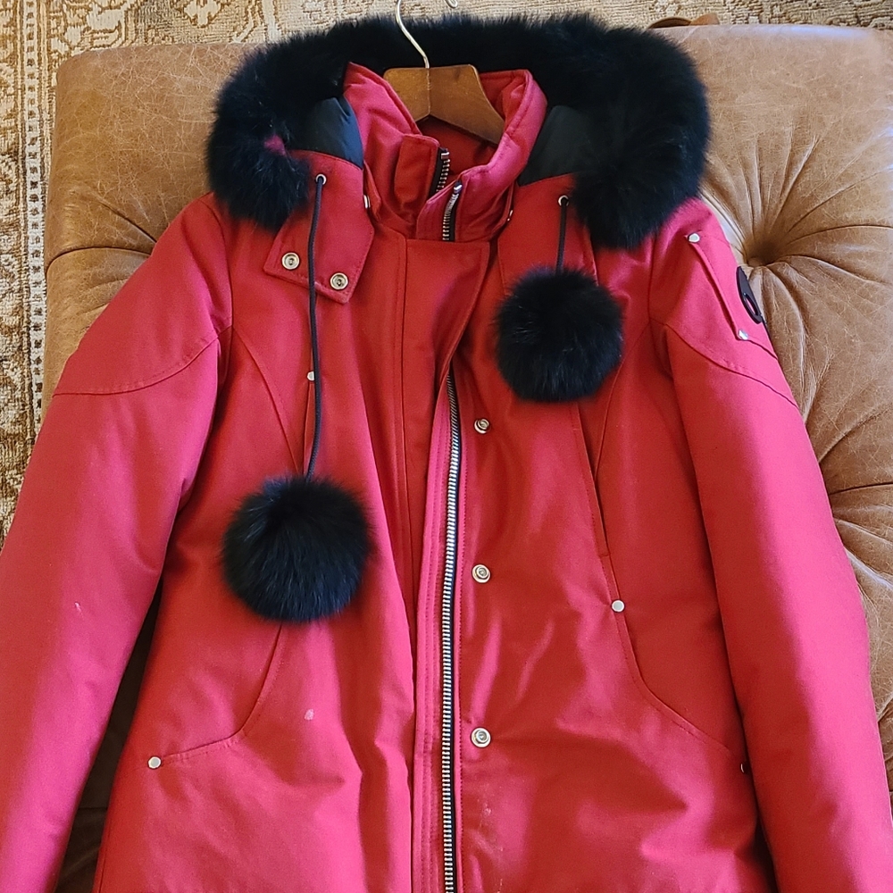 Moose Knuckles STIRLING Parka: Red Black Fox Fur Trim, Medium